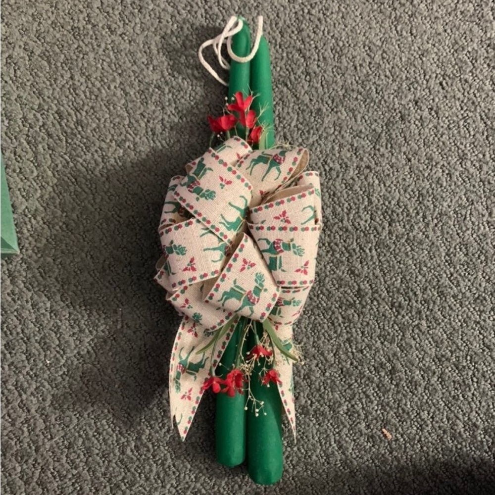 Homemade Decorative Holiday Tall Green Candles with Ribbon & Faux Flowers